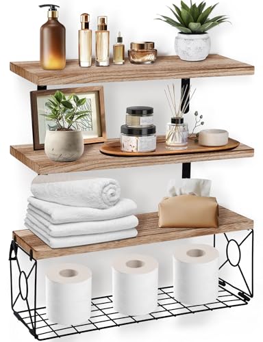 Étagère en bois avec panier de rangement design flottant marron - 2