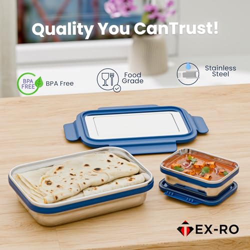 Image of TEX-RO Tiffin Box Steel | Stainless Steel Lunch Boxes | Steel Lunch Box for School | Leakproof Stainless Steel Tiffin Box for Kids, School, Office - Blue