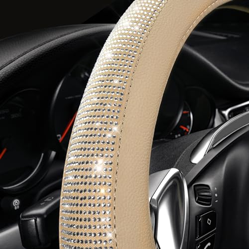 Image of CAR PASS Bling Diamond Beige Leather Steering Wheel Cover, White Sparkly Crystal Glitter Rhinestones Universal Fit 14 inch 1 /2-15 inch Car Wheel Protector for Women Girl Fit Suvs,Vans,Sedans,Trucks, Beige
