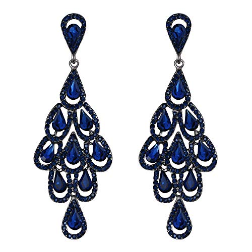 Flyonce Women's Crystal Wedding Hollow Out Teardrop Statement Pierced Chandelier Earrings Blue Black-Tone