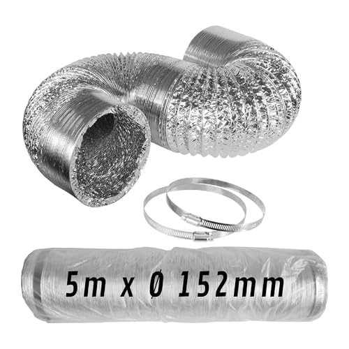 CONTROL GARDEN Tuyau flexible en aluminium couleur argentée Ø 152 mm Longueur 5 m | Conduit d'air ventilation + 2 colliers de serrage en acier | Tuyau flexible extracteur d'air