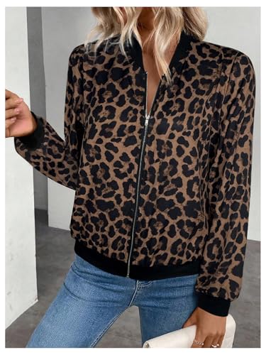 OYOANGLE Women's Cheetah Print Zip Up Jacket Long Sleeve Casual Lightweight Bomber Jackets Outerwear2