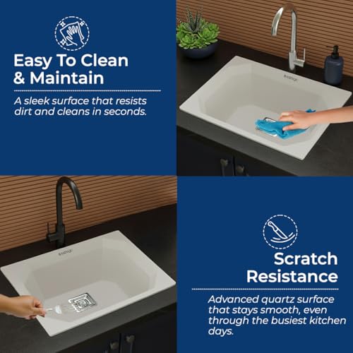 Image of BASINQU Quartz Sink for Kitchen | 24x18x9 Inches White Single Bowl Sink For Kitchen Basin Diamond Designed | Granite UV Protected Scratch Resistant, Undermount /Topmount Kitchen Sinks