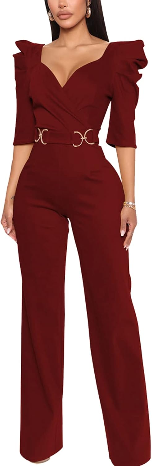 ZonJie Sexy Jumpsuits for Women Summer Plus Size Short Sleeve Party Rompers Dressy Club Wide Leg Long Pants - Image 2