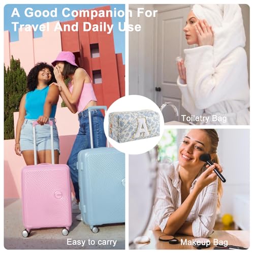 Gleyemor Personalized Initial Makeup Bag for Women, Cute Quilted Blue Floral Cotton Cosmetic Bag, Christmas Gifts for Her Mom Friend Sister Bridesmaid Teacher Women A4