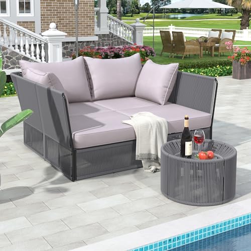 TREXM 2-Piece Outdoor Sunbed and Coffee Table Set, Patio Double Chaise Lounger Loveseat Daybed with Clear Tempered Glass Table for The Patio, Poolside (Grey Cushion + Dark Grey Rope)