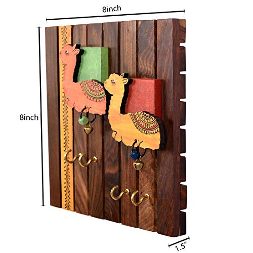 Image of Aakriti Art Creations Key Holder, Handcrafted Tribal Art Wooden Strips & Birds Design Key Hanger| Rustic Wood Wall Organizer with 4 Hooks | Storage Shelf For Keys, Hats| Multifunctional Entryway Decor