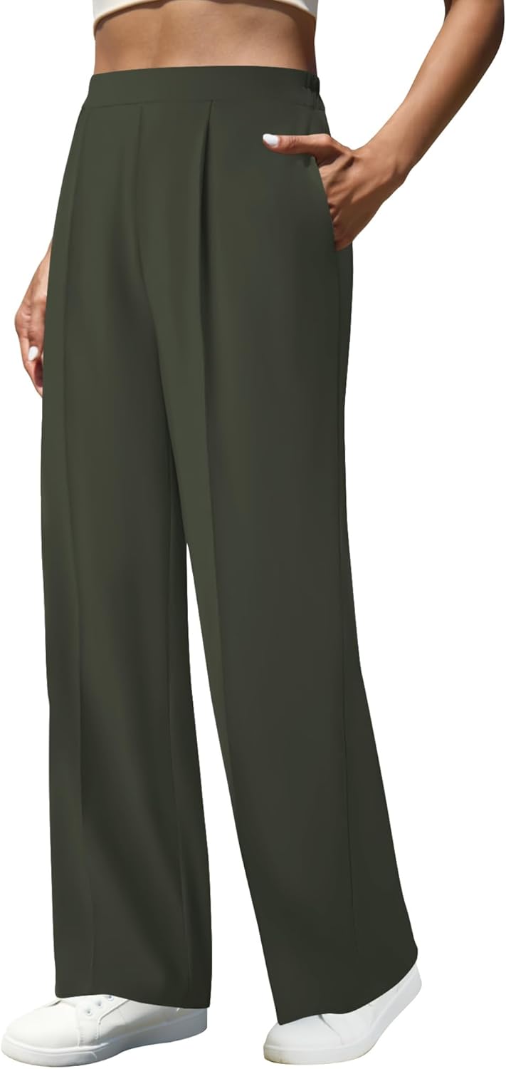Women's High Waist Dress Pants Side Pockets Wide Leg Work Trousers Elastic Stretchy Casual Slacks