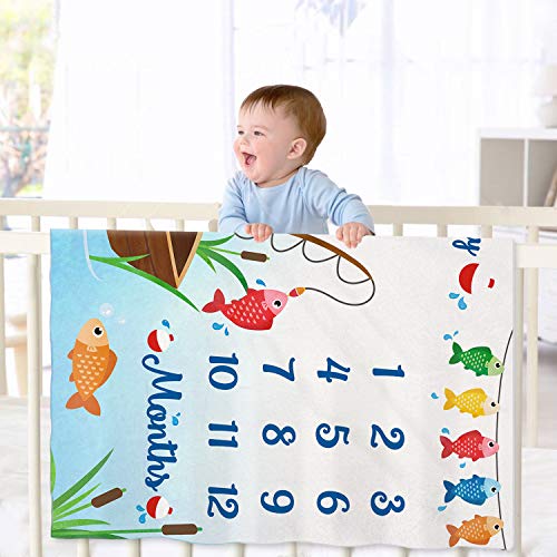 Gone Fishing Baby Monthly Milestone Blanket Little Fisherman Bobber Photo Prop Blanket The Big One Ideas For Newborn Boy And Girl Nursery Décor 40" X 50" #TOP5