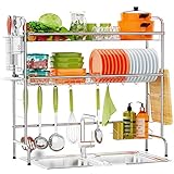 Over The Sink Dish Drying Rack - Ace Teah 2-Tier Large Over Sink Dish Rack for Kitchen Organizer, Above Sink Dish Drainer Stainless Steel with Utensil Holder Hooks, Silver