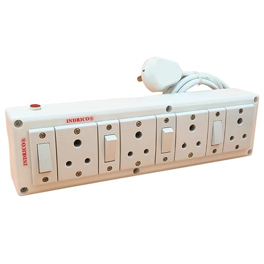 INDRICO 3 Pins Multi Outlet Extension Boards with Individual Switch White (10 Meter Wire)