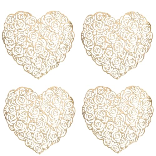 Heart Rose Flower Placemats Set of 4 Rose Flower Pressed Vinyl Valentine Day Place Mats Tablemats Table for Wedding Holiday Dining Table Decorative (Gold)