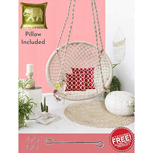 Image of Curio Centre Make in India Round Cotton Home Swing & Hammock Chair with Cushion and Accessories (145 cm X 57 cm X 43 cm, White, 100 kgs Capacity)