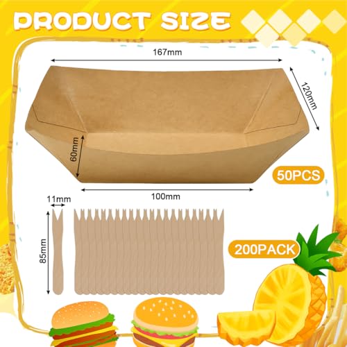 Huucozn 50 Stück Pommes Schalen mit 200 Holzgabeln Fingerfood-Schiffchen Kraftkarton Schalen Currywurst Schale Pommesschalen Einweggeschirr Pappschalen für Fingerfood Currywurst, 16,7 x 12 x 4cm