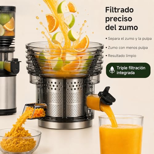 Miniatura 2 de AMZCHEF Extractor de Zumos 158 mm Boca XXL, Licuadora de Prensado en Frío para Frutas y Verduras, Slow Juicer 2L con Vaso de Pulpa y Vaso de Zumo, Fácil Limpieza, Motor Silencioso, Acero Inoxidable