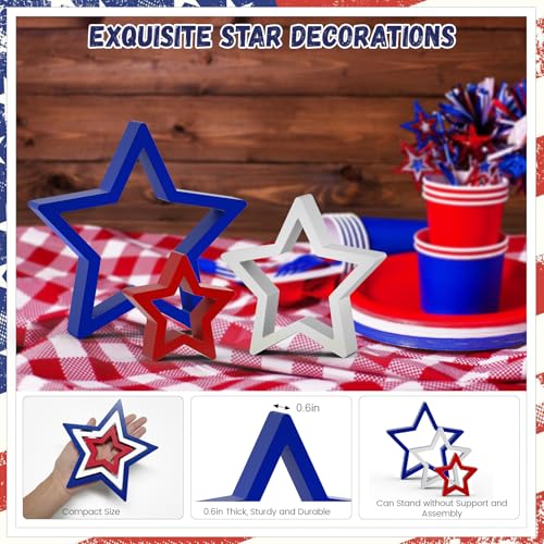 Image of 3 PCS Patriotic Wooden Star Sign Table Decor 4th of July Centerpiece Star Tiered Tray Decoration for Independence Day Memorial Day (Red,Blue and White)
