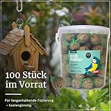 Erdtmanns Meisenknödel mit Netz 100 Stück im Eimer – Wildvogelfutter mit Getreideflocken & Sonnenblumenkernen – für Ganzjahresfütterung – geeignet für Meisen & Co. – wiederverwendbar