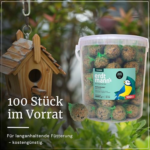 Erdtmanns Meisenknödel mit Netz 100 Stück im Eimer – Wildvogelfutter mit Getreideflocken & Sonnenblumenkernen – für Ganzjahresfütterung – geeignet für Meisen & Co. – wiederverwendbar