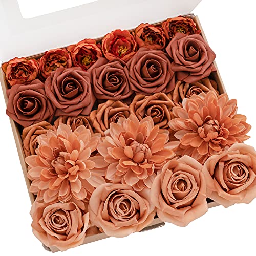 Lings moment Artificial Flowers Fake Silk Dahlia Faux Foam Rose Terracotta