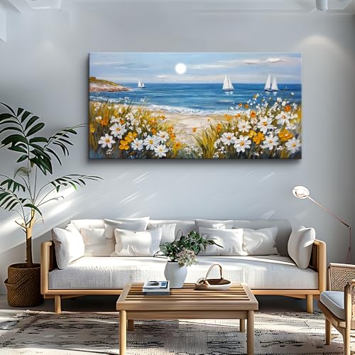 KELIYUAN Vintage Landscape Painting Home Decor Canvas Blue Ocean Beach Picture Print Wall Art For Living Room Farmhouse Dinin Mural White Flowers Bedroom Office Wall Decor Easy To Hang 20x40 Inches