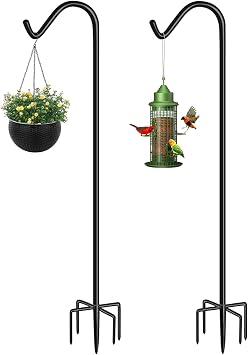 Shepherds Hook for Outdoor Bird Feeders Pole 92 Inch Tall, Adjustable Heavy Duty Garden Hanger Stake Pole with 5 Prong Base, Shiny Black 2 Packs