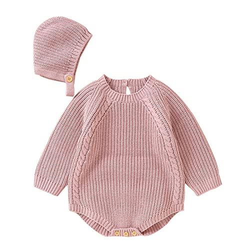 Mono de punto sólido para bebé recién nacido, de algodón, manga larga, para niños, niñas, ropa de bebé, body con bonito sombrero, conjunto de chaqueta de invierno para niña 92, Rosa., 6-9 meses