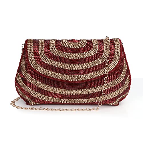 THE CLOWNFISH Shyna Collection Womens Party Clutch Ladies Wallet Evening Bag Fashionable Round Corners Beads Work Floral Design with Chain Strap (Maroon)