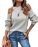 chouyatou Women's Fall Sexy Criss Cross Halter Neck Cold Shoulder Tops Cutout Knit Sweater (Medium, Grey)