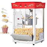 VEVOR Máquina de Palomitas con Hervidor de Acero Inoxidable de 0,2 kg, 800 W, 48 Tazas, Estilo Cine, con Control de 2 Botones, Puerta de PC con Panel de Vidrio, 1 Cucharada y 3 Cucharas, Rojo