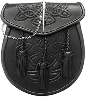 KILT SPORRAN LATCH PIN, CELTIC EMBOSSED FLAP, BLACK LEATHER WITH CHAIN BELT