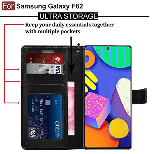 Image of CEDO Flip Cover for Samsung Galaxy F62 (4G) | Leather Finish | Inside Pockets & Inbuilt Stand | Shockproof Wallet Style Magnetic Closure Back Case Flipcover (Black)