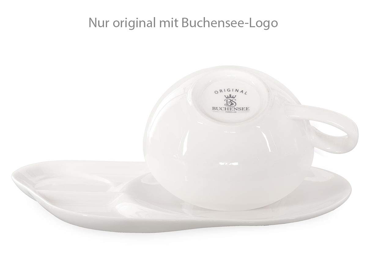Tea for One mit Sieb Lena 500ml aus Crystal Bone China Porzellan in fein-cremigem Weiß. Teekanne + Teetasse + Untersetzer mit Ablageflächen