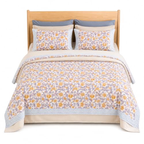 Image of Premium Bedsheet with 2 Pillow Covers I Hand Block I Pure & Soft Percale Cotton I 300 TC I 90x108 inches (King Size Double Bed Luxury Bedcover) I Floral Pattern I Sunshine Yellow