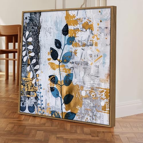 Image of Abstract Botanical Framed Canvas Wall Art Painting for Living Room | Modern Floral Artwork Painting with Frame | Contemporary Decorative Wall Decor for Home & Office, 23x23 Inch