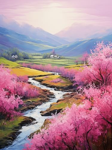 数字で描く油絵風アート 大人のぬりえ 初心者向け絵画制作キット、40x50cm フレームなしナンバーペイント DIY絵画キット アクリル絵具付き|ストレス解消・インテリアアートとして趣味、田園風景