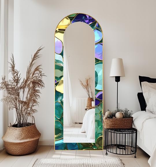 Specchio da pavimento astratto ad arco a tutta lunghezza - Specchio da pavimento con cornice nera e cornice nera, 67 x 170 cm (larghezza x altezza), effetto vetro lussuoso, con