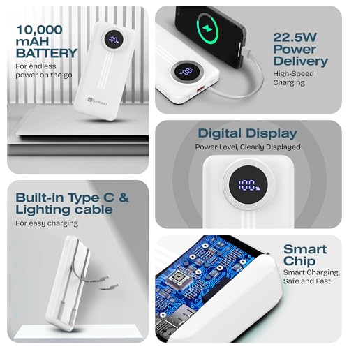 Image of BonKaso 10000mAh Power Bank 22.5W Fast Charging PD, Built-in 2-in-1 Type-C & Lightning Cable, Digital Display, Dual USB Output, Compact Portable Charger for iPhone, Android, Tablets - White