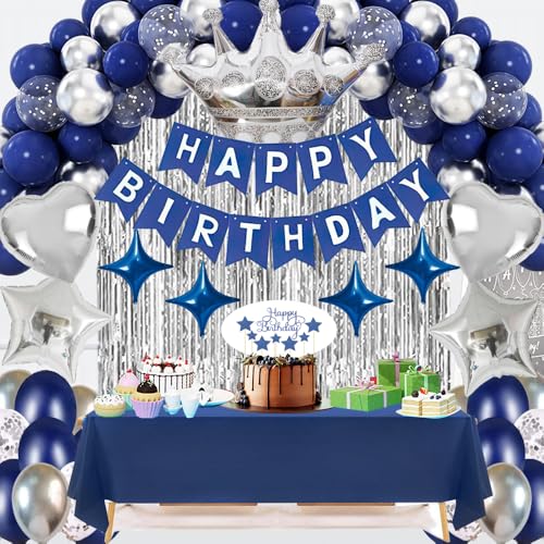 Navy Blue Birthday Party Decorations Set – 92Pcs Set with Banner, Star Garland, Crown, Heart & Star Foil Balloons, Fringe Curtain, Cake Topper, Tablecloth, Latex & Confetti Balloons for Men & Women