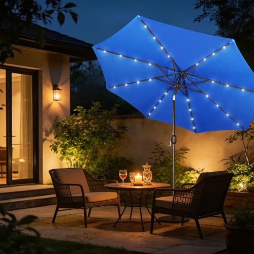 Image of Blissun 9 ft Solar Umbrella, Patio Umbrella with 32 LED Lights, Table Market Umbrella, Outdoor Umbrella for Garden, Deck, Backyard, Royal Blue
