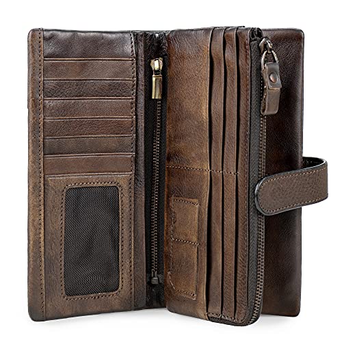 Women RFID Blocking Wallet Leather Vintage Large Capacity Credit Card Clutch Coffee