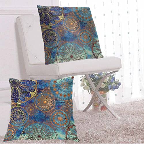 Wondertify Damask Throw Pillow Covers Circles Floral Ornament Square Pillow Cases Set Of 2 For Decorative Cushion Bed Couch Sofa Blue Orange Gold Colors 18"X18" #TOP3