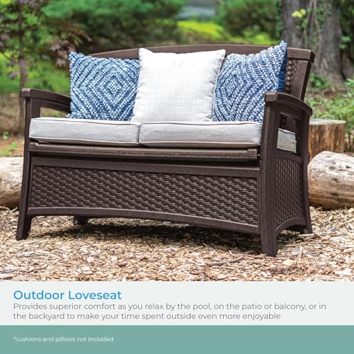 Condition photo showing New/Like New for suncast outdoor wicker love seat with 23-gallon storage, comfortable seating for two, ergonomic back support, all-weather furniture for patio, deck, and garden, java, 