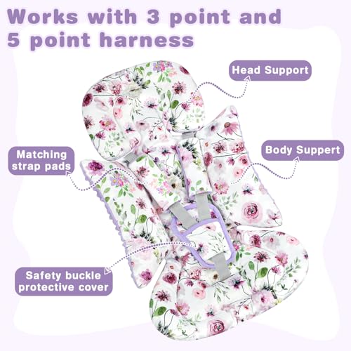 Image of GFU 3-in-1 Infant Car Seat Insert, Soft Head and Body Support,Ultra & Strap Covers Set, Reversible Newborn Car Seat Cushion Pad for Baby Boy & Girl fits Stroller, Swing, Bouncer (Purple)