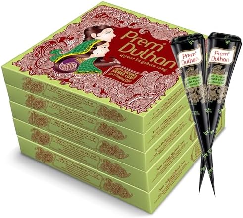 Prem Dulhan Mehendi Cone 12pc in 1 Box, 100% Pure Leaf of Natural Henna (Pack of 5)