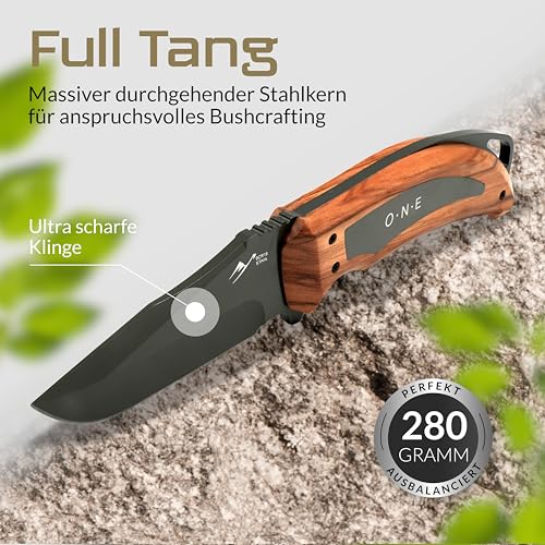 BERGKVIST® Bushcraft Messer ONE mit feststehender Full Tang Klinge (9,7 cm) - Mitführen in Deutschland erlaubt - Survival Messer für Outdoor mit Echtholz-Griff, Holster, Feuerstahl & mehr – Bild 5
