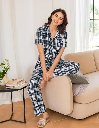 Image of Ekouaer Womens Pajamas Set Print PJs Soft Button Down Sleepwear Short Sleeve Lounge Set with Pockets