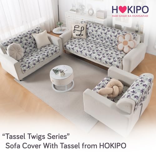 Image of HOKIPO Lavender Vine Quilted Sofa Cover 6 Seater with Tassels Set - Washable 3+2+1 Sofa Panel for Seat & Back | 'Tassel Twigs' Series (IN-991-T1 + IN-990-T1 + IN-989-T1)