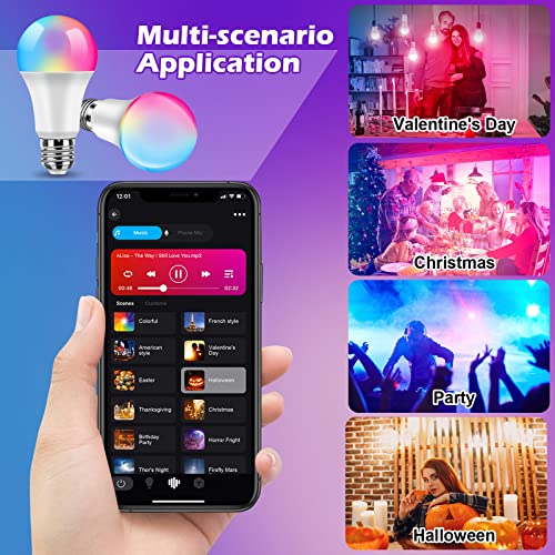 Honesorn Smart Light Bulbs Wifi & Bluetooth 5.0 80W Equivalent, E26 Base Tunable White And 16M Color Changing Led Lights Bulb, Work With Alexa & Google Assistant, A19 800Lm No Hub Required #TOP5