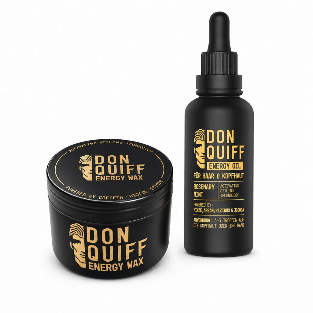 Don Quiff Energy Set – Energy Oil 50 ml + Energy Wax 80 ml – Kopfhautpflege für volleres Haar und Styling mit starkem Halt & mattem Finish – Rosmarinöl, Koffein & Biotin – Made in Germany
