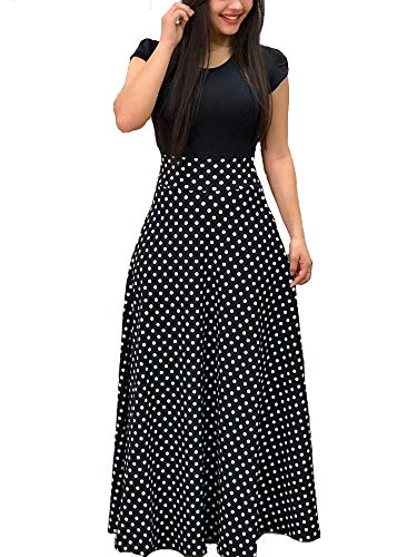 ONine Women's Short-Sleeve Waisted Maxi Dress Polka Dots Long Dress, 10 Polka Dots-Short Sleeve XL